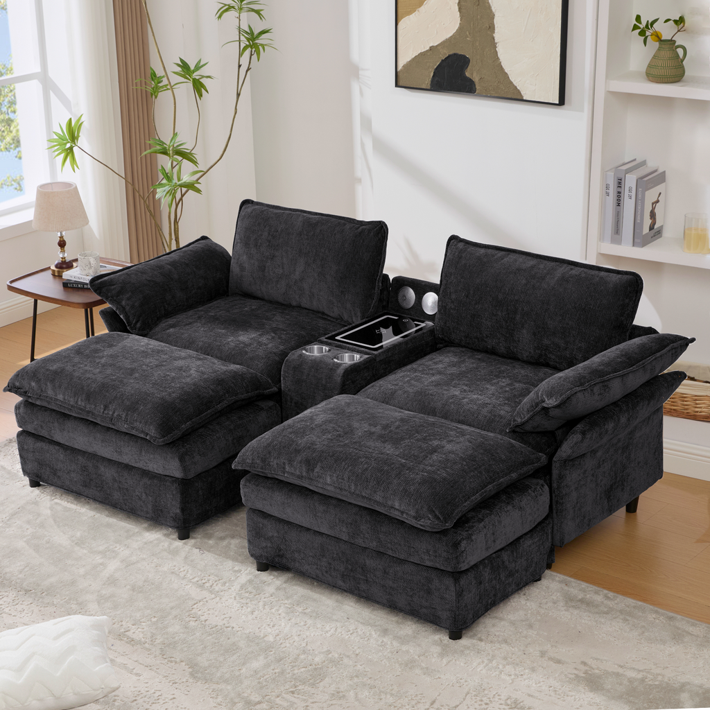 [NEW ARRIVED] [VIDEO PROVIDED]U Shaped Modular Sectional Sofa,Storage Console & Wireless Charging,2 Cup Holders,Bluetooth Speakers,2 Movable Footstools,Adjustable handrail,Movable seat,Chenille,Black Sectional Sofa