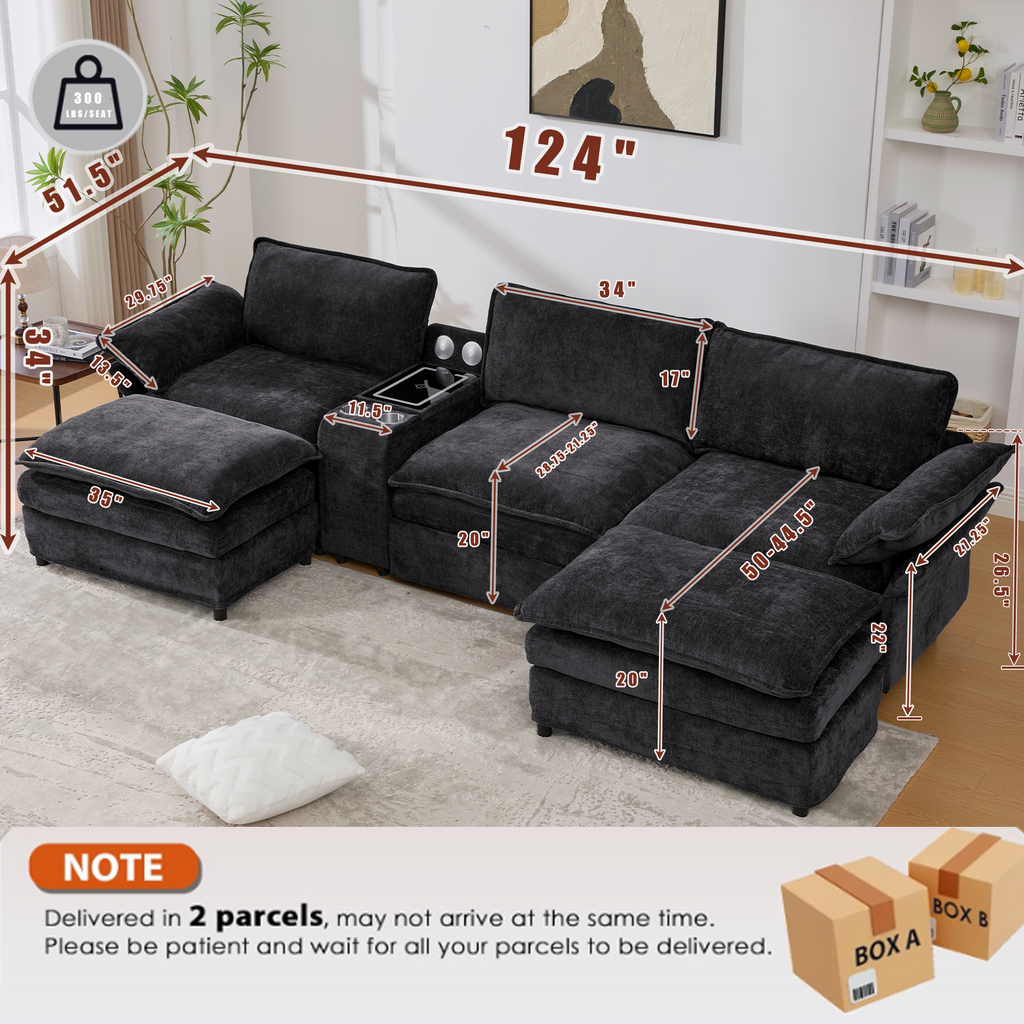[NEW ARRIVED] [VIDEO PROVIDED]U Shaped Modular Sectional Sofa,Storage Console & Wireless Charging,2 Cup Holders,Bluetooth Speakers,2 Movable Footstools,Adjustable handrail,Movable seat,Chenille,Black Sectional Sofa