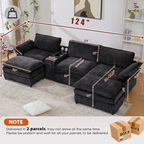 [NEW ARRIVED] [VIDEO PROVIDED]U Shaped Modular Sectional Sofa,Storage Console & Wireless Charging,2 Cup Holders,Bluetooth Speakers,2 Movable Footstools,Adjustable handrail,Movable seat,Chenille,Black Sectional Sofa