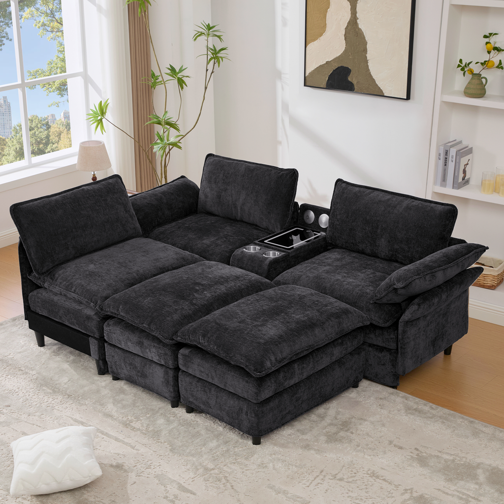 [NEW ARRIVED] [VIDEO PROVIDED]U Shaped Modular Sectional Sofa,Storage Console & Wireless Charging,2 Cup Holders,Bluetooth Speakers,2 Movable Footstools,Adjustable handrail,Movable seat,Chenille,Black Sectional Sofa