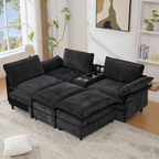 [NEW ARRIVED] [VIDEO PROVIDED]U Shaped Modular Sectional Sofa,Storage Console & Wireless Charging,2 Cup Holders,Bluetooth Speakers,2 Movable Footstools,Adjustable handrail,Movable seat,Chenille,Black Sectional Sofa