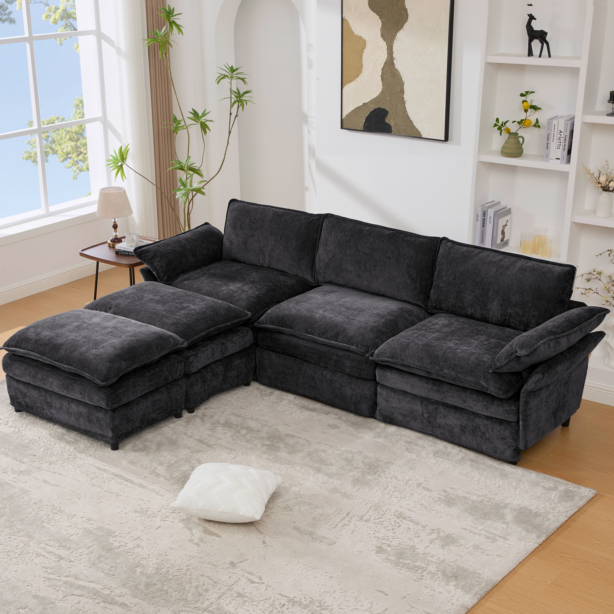 [NEW ARRIVED] [VIDEO PROVIDED]U Shaped Modular Sectional Sofa,Storage Console & Wireless Charging,2 Cup Holders,Bluetooth Speakers,2 Movable Footstools,Adjustable handrail,Movable seat,Chenille,Black Sectional Sofa