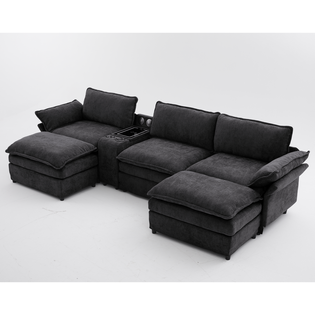 [NEW ARRIVED] [VIDEO PROVIDED]U Shaped Modular Sectional Sofa,Storage Console & Wireless Charging,2 Cup Holders,Bluetooth Speakers,2 Movable Footstools,Adjustable handrail,Movable seat,Chenille,Black Sectional Sofa