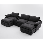 [NEW ARRIVED] [VIDEO PROVIDED]U Shaped Modular Sectional Sofa,Storage Console & Wireless Charging,2 Cup Holders,Bluetooth Speakers,2 Movable Footstools,Adjustable handrail,Movable seat,Chenille,Black Sectional Sofa