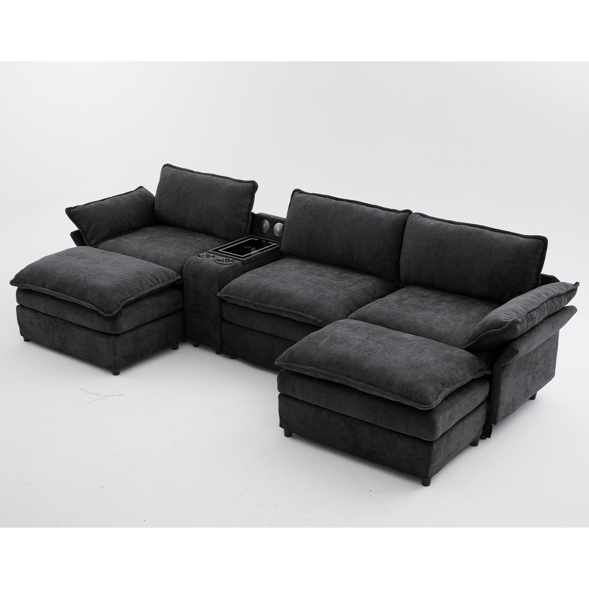 [NEW ARRIVED] [VIDEO PROVIDED]U Shaped Modular Sectional Sofa,Storage Console & Wireless Charging,2 Cup Holders,Bluetooth Speakers,2 Movable Footstools,Adjustable handrail,Movable seat,Chenille,Black Sectional Sofa