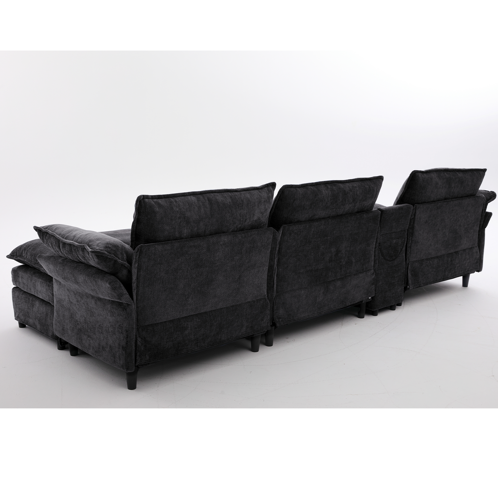 [NEW ARRIVED] [VIDEO PROVIDED]U Shaped Modular Sectional Sofa,Storage Console & Wireless Charging,2 Cup Holders,Bluetooth Speakers,2 Movable Footstools,Adjustable handrail,Movable seat,Chenille,Black Sectional Sofa