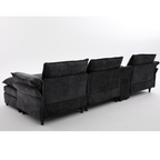 [NEW ARRIVED] [VIDEO PROVIDED]U Shaped Modular Sectional Sofa,Storage Console & Wireless Charging,2 Cup Holders,Bluetooth Speakers,2 Movable Footstools,Adjustable handrail,Movable seat,Chenille,Black Sectional Sofa