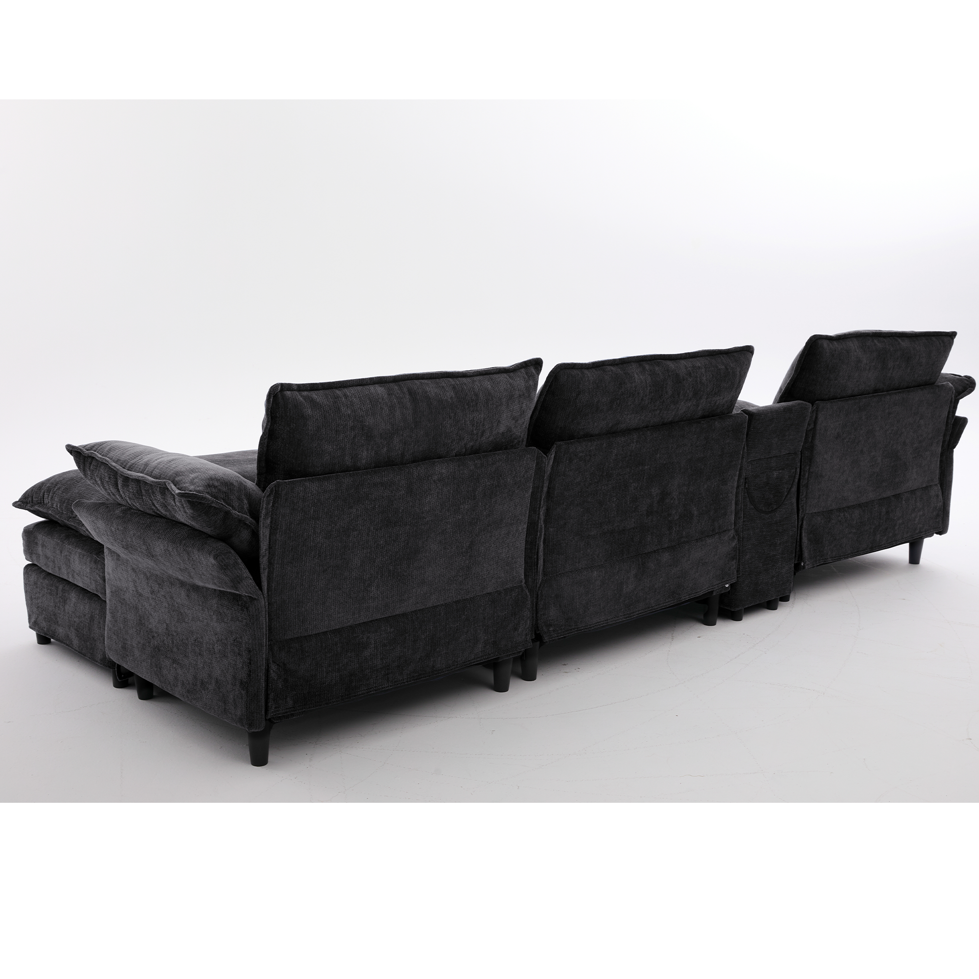 [NEW ARRIVED] [VIDEO PROVIDED]U Shaped Modular Sectional Sofa,Storage Console & Wireless Charging,2 Cup Holders,Bluetooth Speakers,2 Movable Footstools,Adjustable handrail,Movable seat,Chenille,Black Sectional Sofa