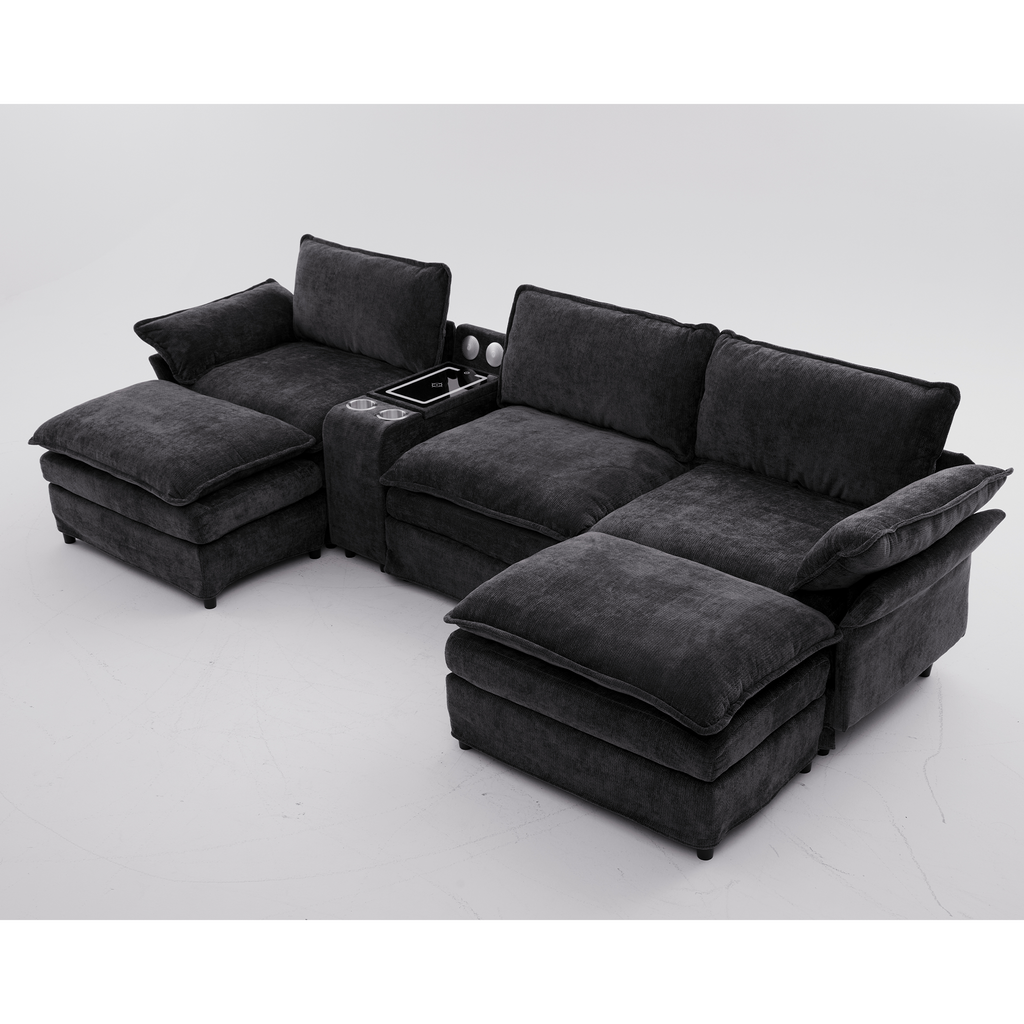 [NEW ARRIVED] [VIDEO PROVIDED]U Shaped Modular Sectional Sofa,Storage Console & Wireless Charging,2 Cup Holders,Bluetooth Speakers,2 Movable Footstools,Adjustable handrail,Movable seat,Chenille,Black Sectional Sofa