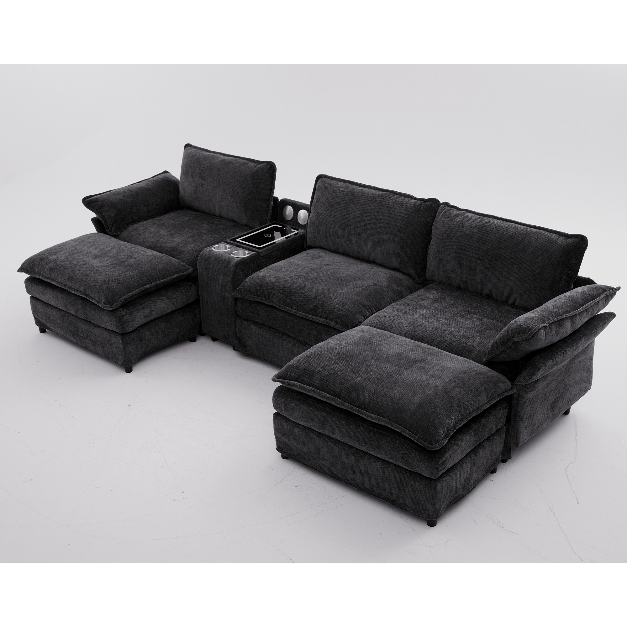 [NEW ARRIVED] [VIDEO PROVIDED]U Shaped Modular Sectional Sofa,Storage Console & Wireless Charging,2 Cup Holders,Bluetooth Speakers,2 Movable Footstools,Adjustable handrail,Movable seat,Chenille,Black Sectional Sofa