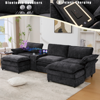 [NEW ARRIVED] [VIDEO PROVIDED]U Shaped Modular Sectional Sofa,Storage Console & Wireless Charging,2 Cup Holders,Bluetooth Speakers,2 Movable Footstools,Adjustable handrail,Movable seat,Chenille,Black Sectional Sofa