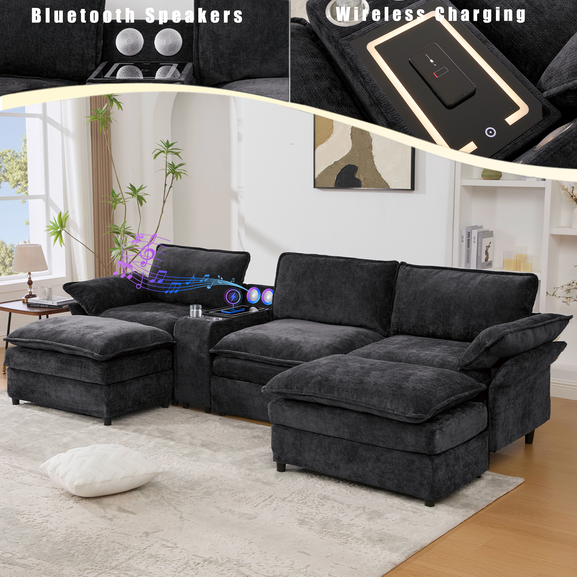 [NEW ARRIVED] [VIDEO PROVIDED]U Shaped Modular Sectional Sofa,Storage Console & Wireless Charging,2 Cup Holders,Bluetooth Speakers,2 Movable Footstools,Adjustable handrail,Movable seat,Chenille,Black Sectional Sofa