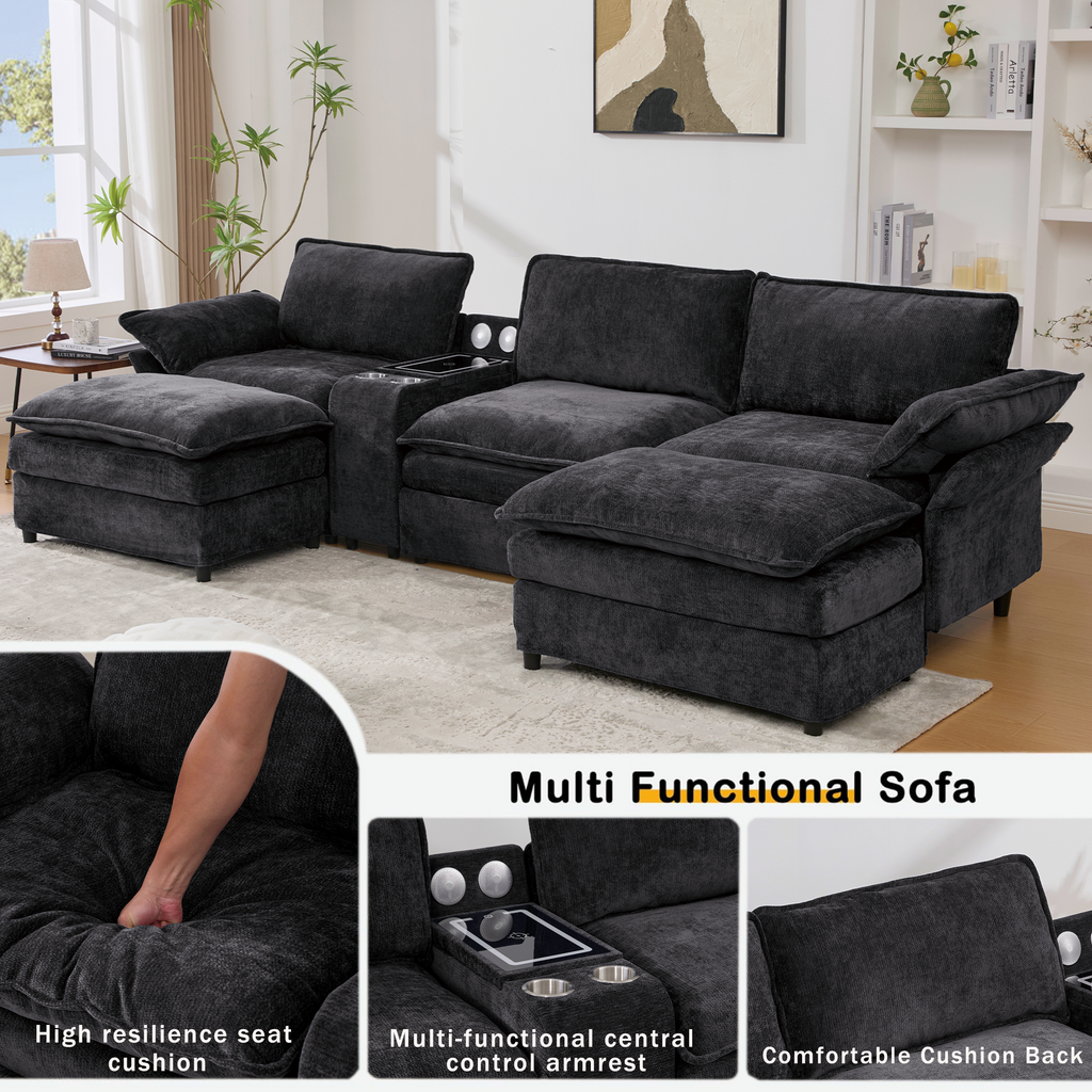 [NEW ARRIVED] [VIDEO PROVIDED]U Shaped Modular Sectional Sofa,Storage Console & Wireless Charging,2 Cup Holders,Bluetooth Speakers,2 Movable Footstools,Adjustable handrail,Movable seat,Chenille,Black Sectional Sofa