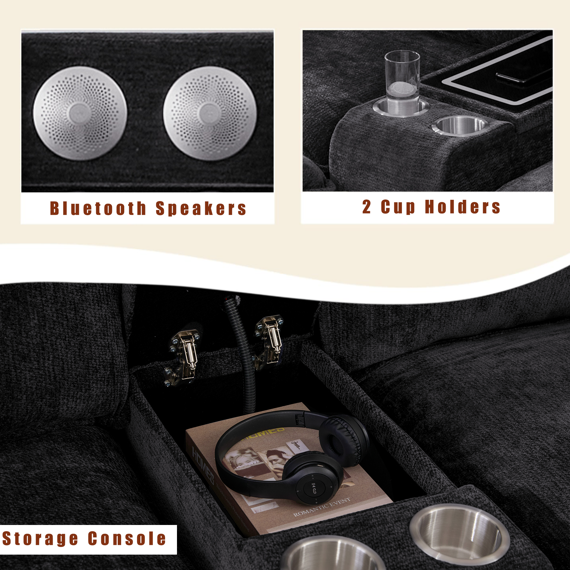 [NEW ARRIVED] [VIDEO PROVIDED]U Shaped Modular Sectional Sofa,Storage Console & Wireless Charging,2 Cup Holders,Bluetooth Speakers,2 Movable Footstools,Adjustable handrail,Movable seat,Chenille,Black Sectional Sofa