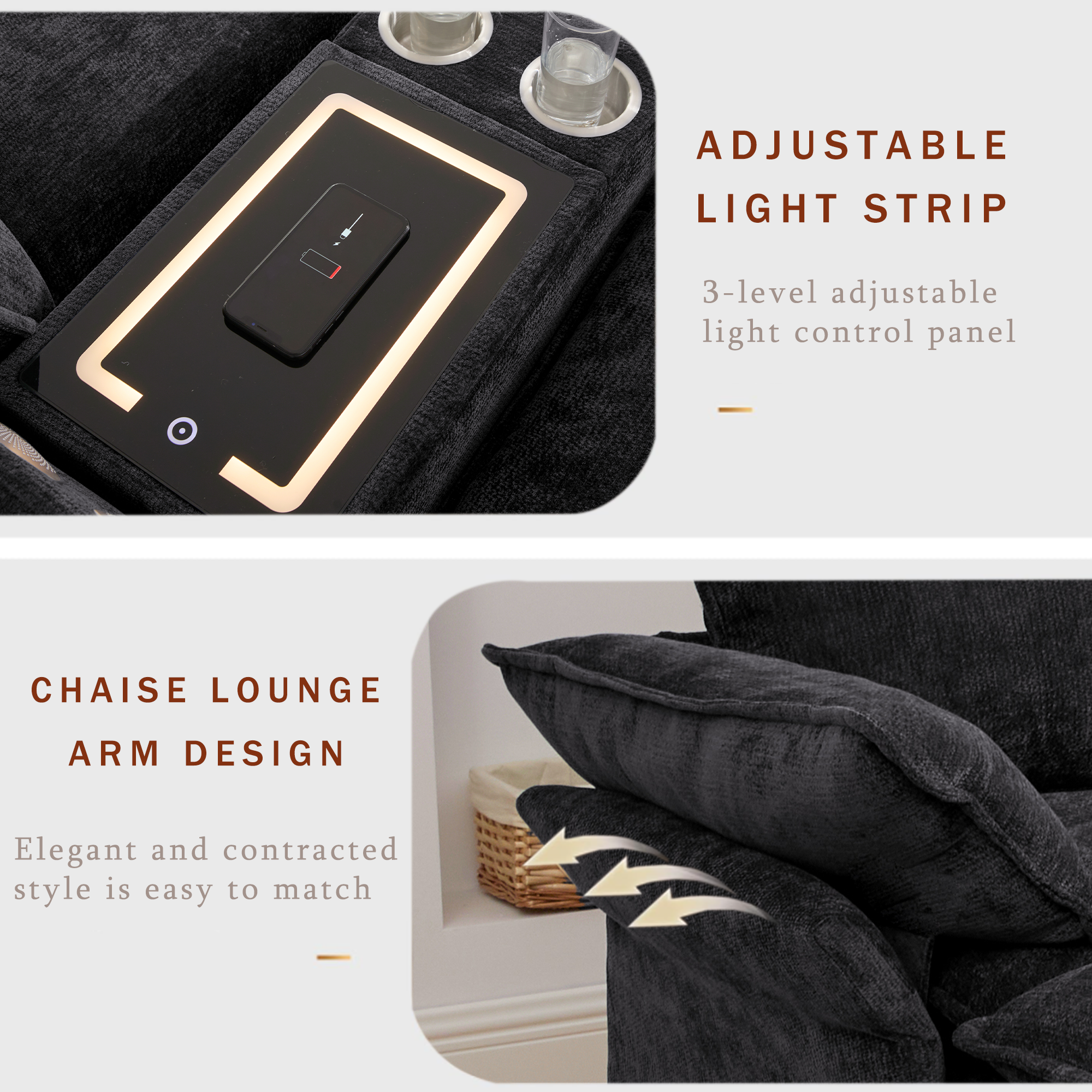 [NEW ARRIVED] [VIDEO PROVIDED]U Shaped Modular Sectional Sofa,Storage Console & Wireless Charging,2 Cup Holders,Bluetooth Speakers,2 Movable Footstools,Adjustable handrail,Movable seat,Chenille,Black Sectional Sofa