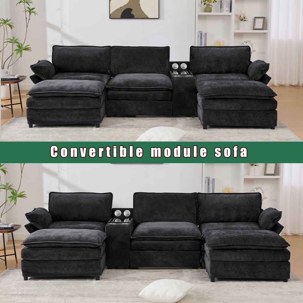 [NEW ARRIVED] [VIDEO PROVIDED]U Shaped Modular Sectional Sofa,Storage Console & Wireless Charging,2 Cup Holders,Bluetooth Speakers,2 Movable Footstools,Adjustable handrail,Movable seat,Chenille,Black Sectional Sofa