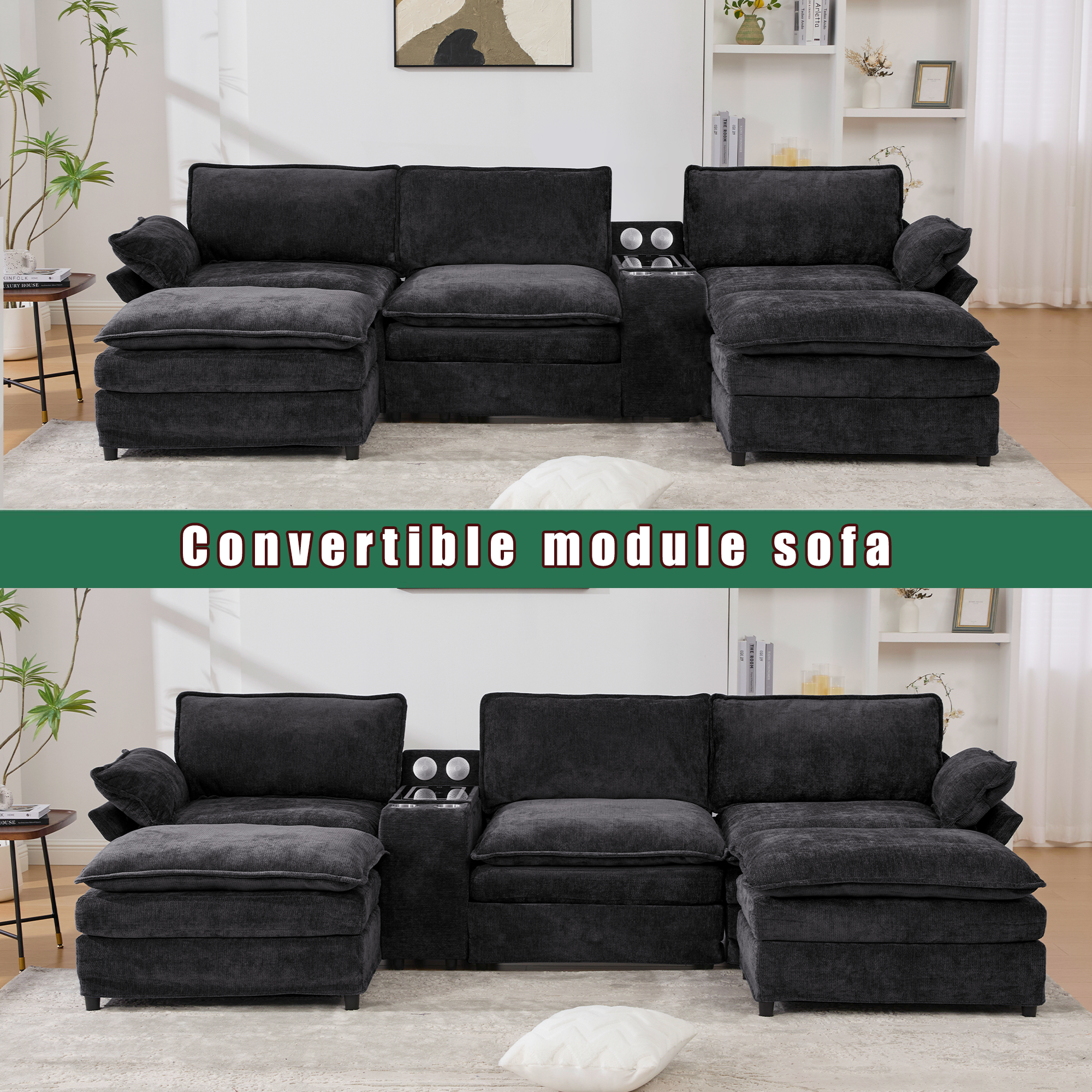 [NEW ARRIVED] [VIDEO PROVIDED]U Shaped Modular Sectional Sofa,Storage Console & Wireless Charging,2 Cup Holders,Bluetooth Speakers,2 Movable Footstools,Adjustable handrail,Movable seat,Chenille,Black Sectional Sofa