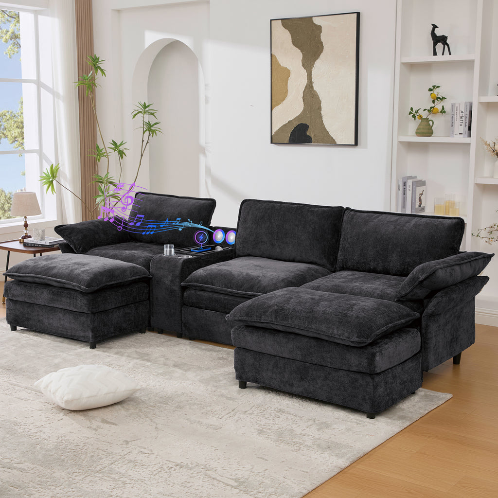 [NEW ARRIVED] [VIDEO PROVIDED]U Shaped Modular Sectional Sofa,Storage Console & Wireless Charging,2 Cup Holders,Bluetooth Speakers,2 Movable Footstools,Adjustable handrail,Movable seat,Chenille,Black Sectional Sofa