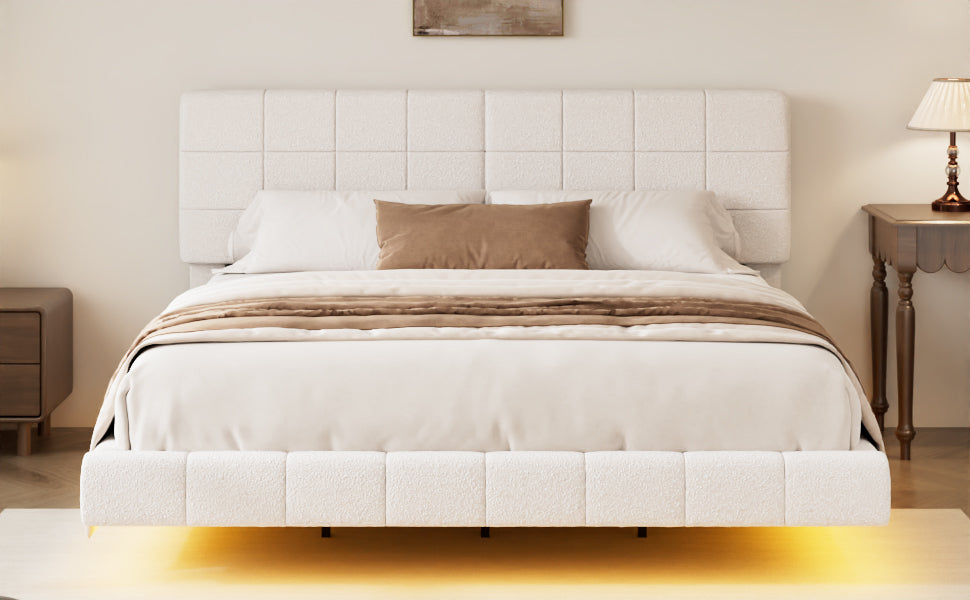 Designer White Boucle King Floating Bed with Light