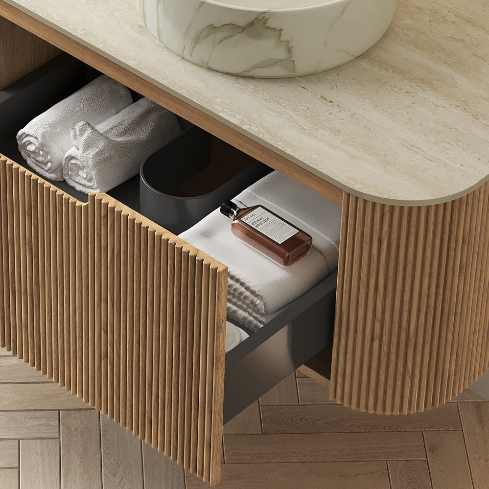 DINA 60'' Wall Mounted Cabinet, with Roman travertine Countertop and 2 Drawers, NO Basin, NO Faucet, Natural Wood Bathroom Cabinets