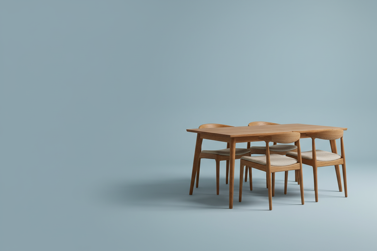 Wooden dining table with four chairs on a light blue background
