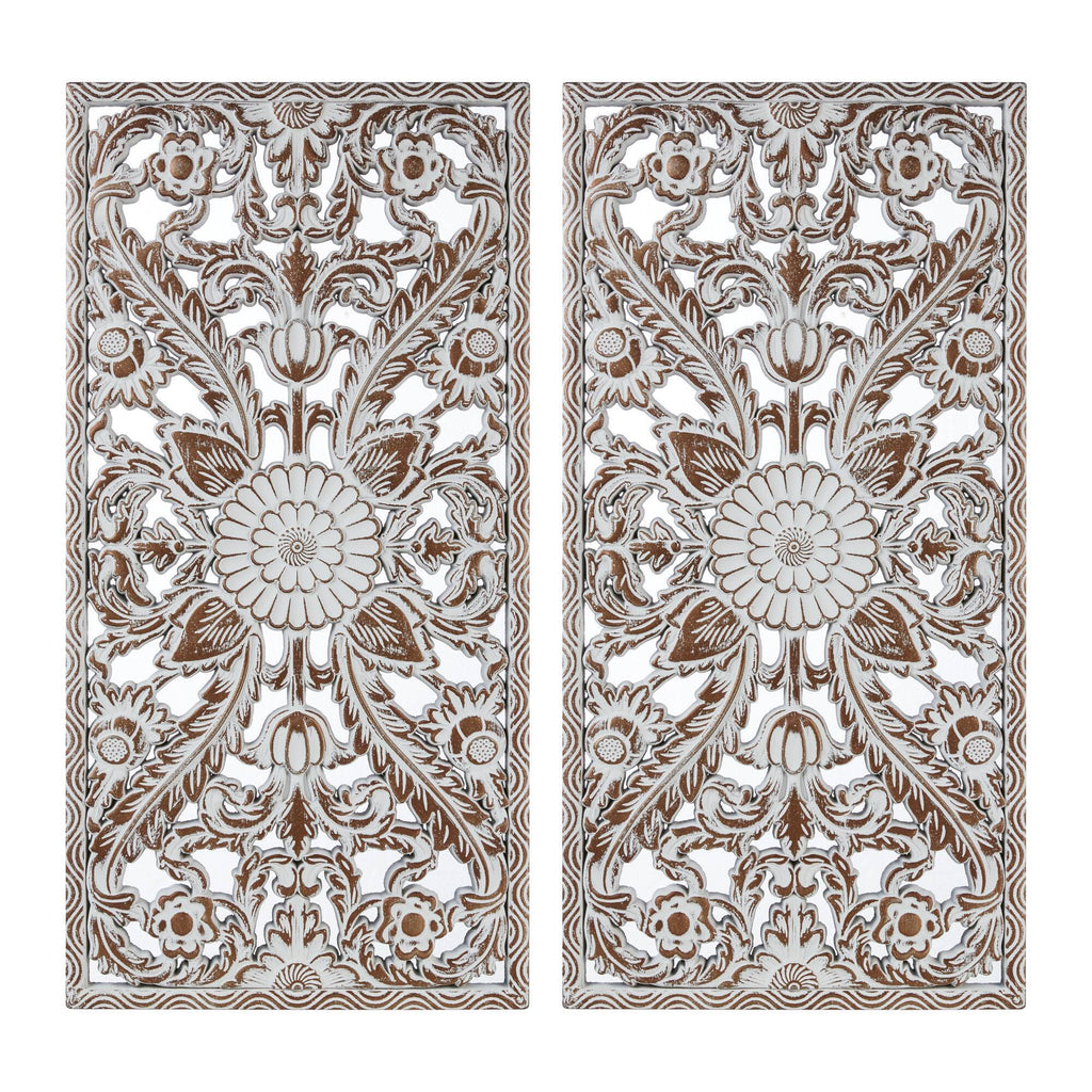 2 PCS Botanical Panel Distressed Carved Wood Wall Decor Set