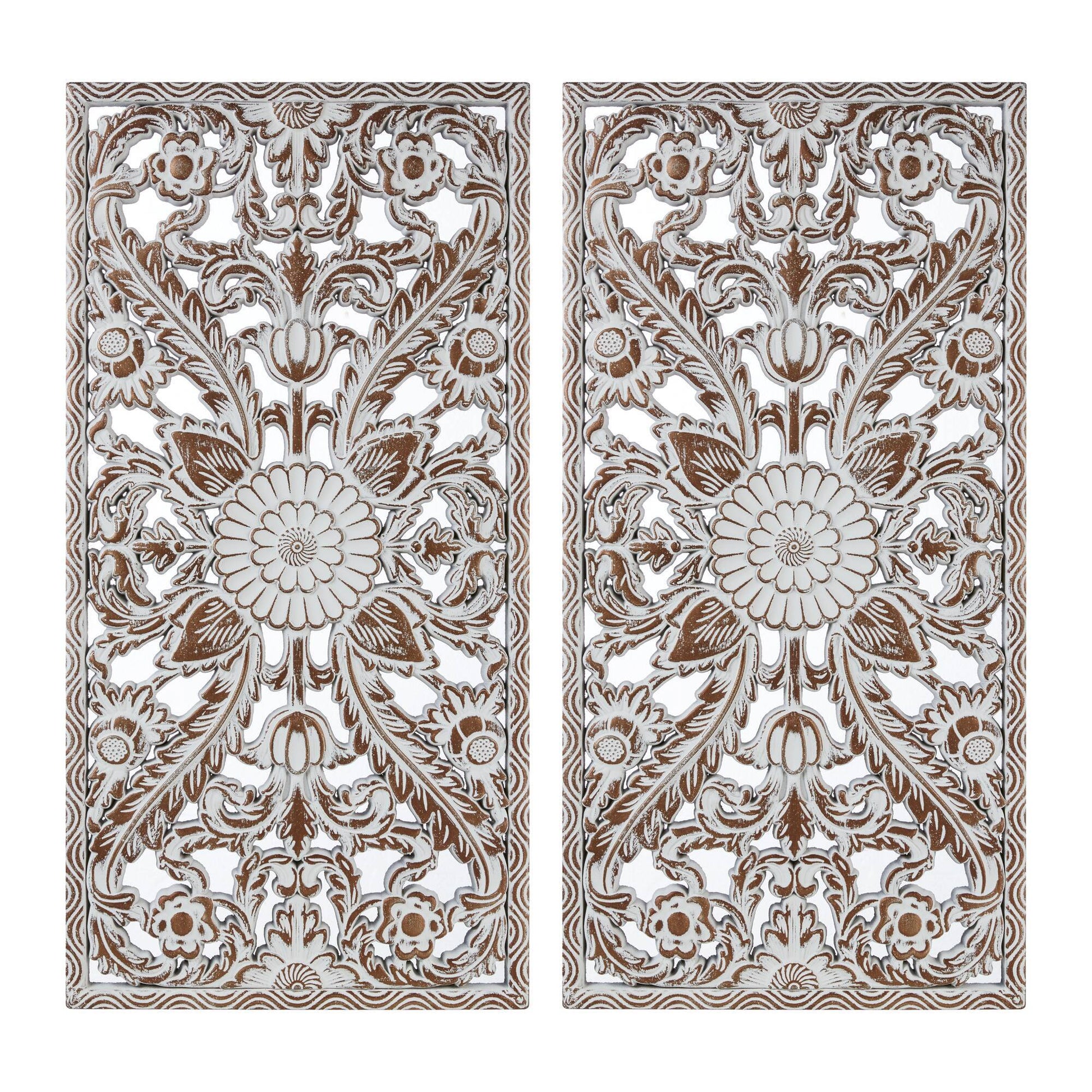 2 PCS Botanical Panel Distressed Carved Wood Wall Decor Set