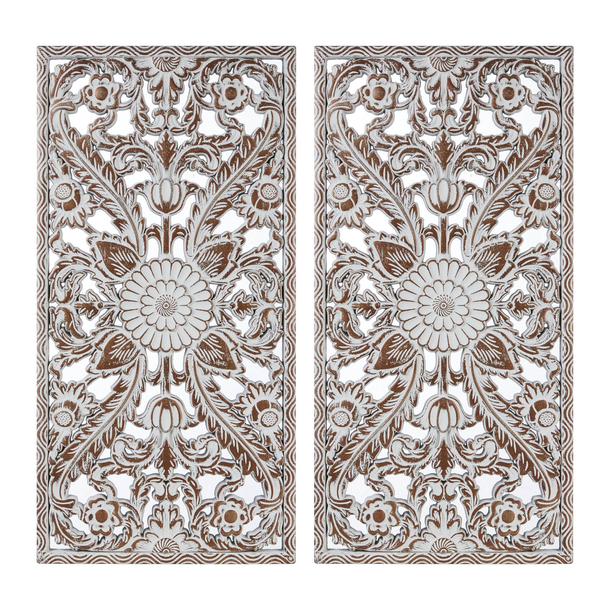 2 PCS Botanical Panel Distressed Carved Wood Wall Decor Set