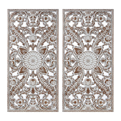 2 PCS Botanical Panel Distressed Carved Wood Wall Decor Set