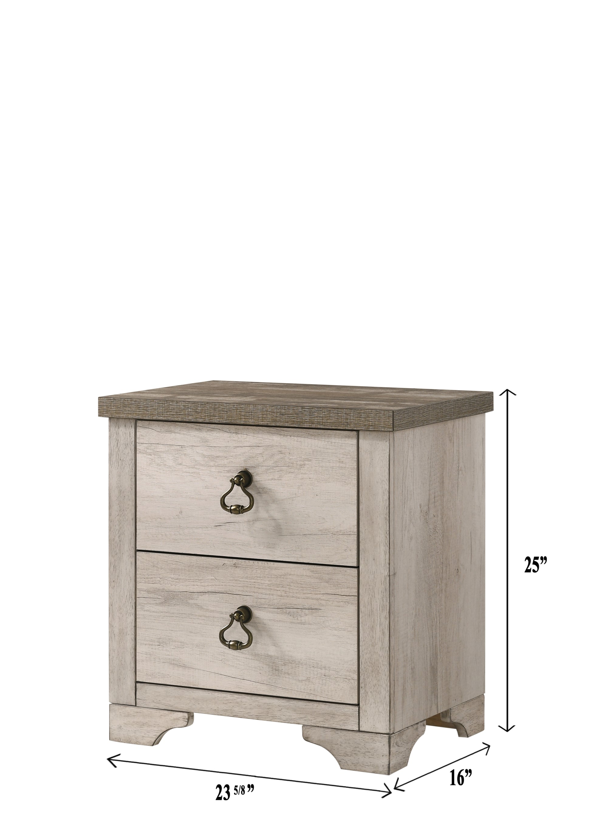 1pc Cottage Style Distressed 2 Drawer Nightstand Driftwood Finish Contrasting Weathered Brown Top Traditional Ring Pull Hardware Wooden