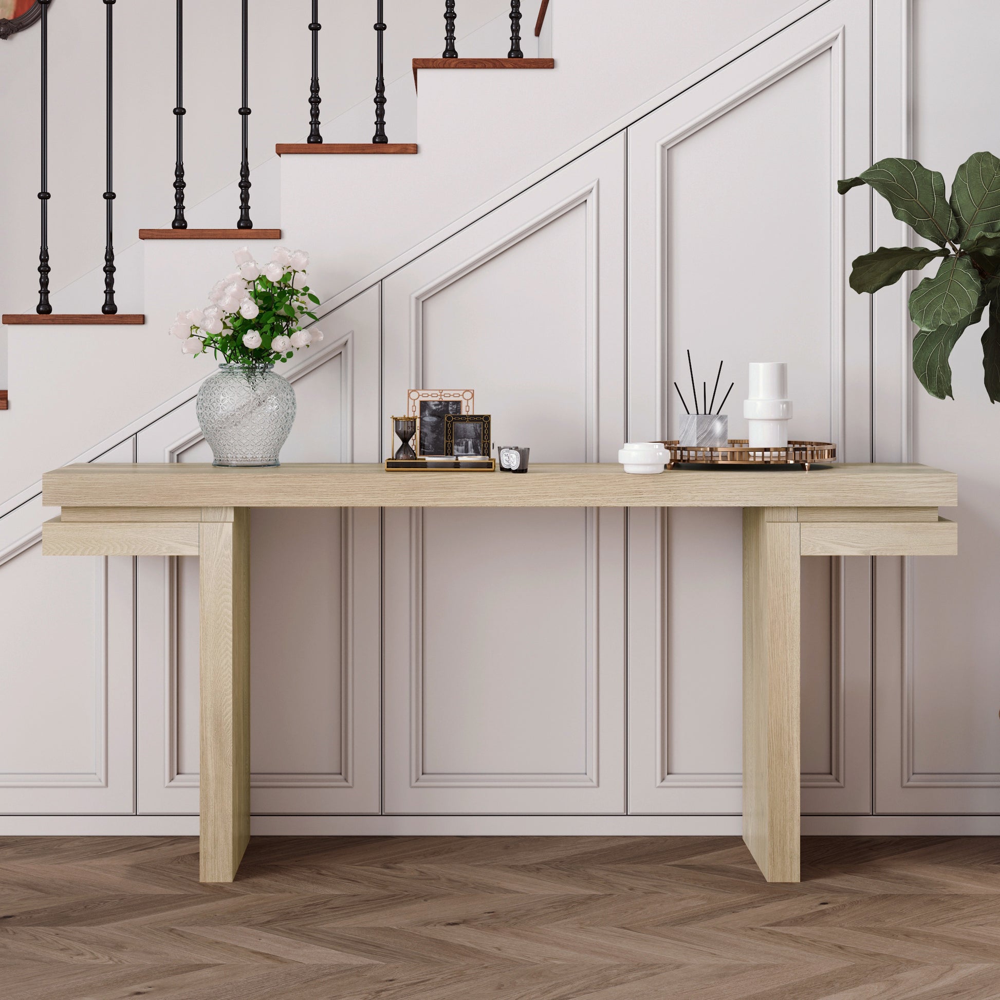 66' Extra Wide Real Wood Veneered Console Table, Minimalist Sofa Table Behind Couch for Entryway, Hallway, Living Room, Home Office, Distressed Oak