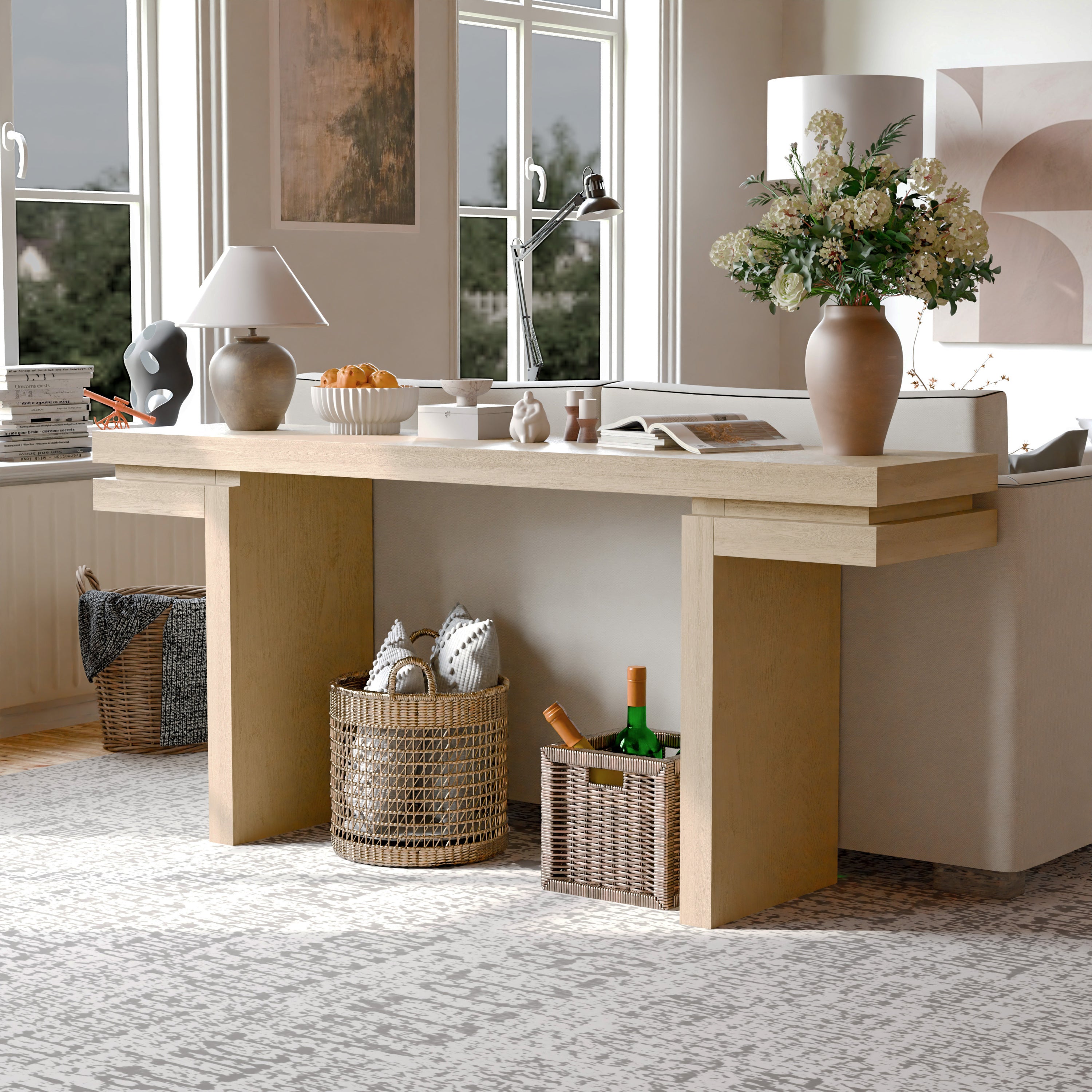 66' Extra Wide Real Wood Veneered Console Table, Minimalist Sofa Table Behind Couch for Entryway, Hallway, Living Room, Home Office, Distressed Oak