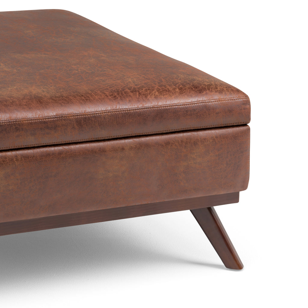 Owen - Square Coffee Table Storage Ottoman - Distressed Saddle Brown