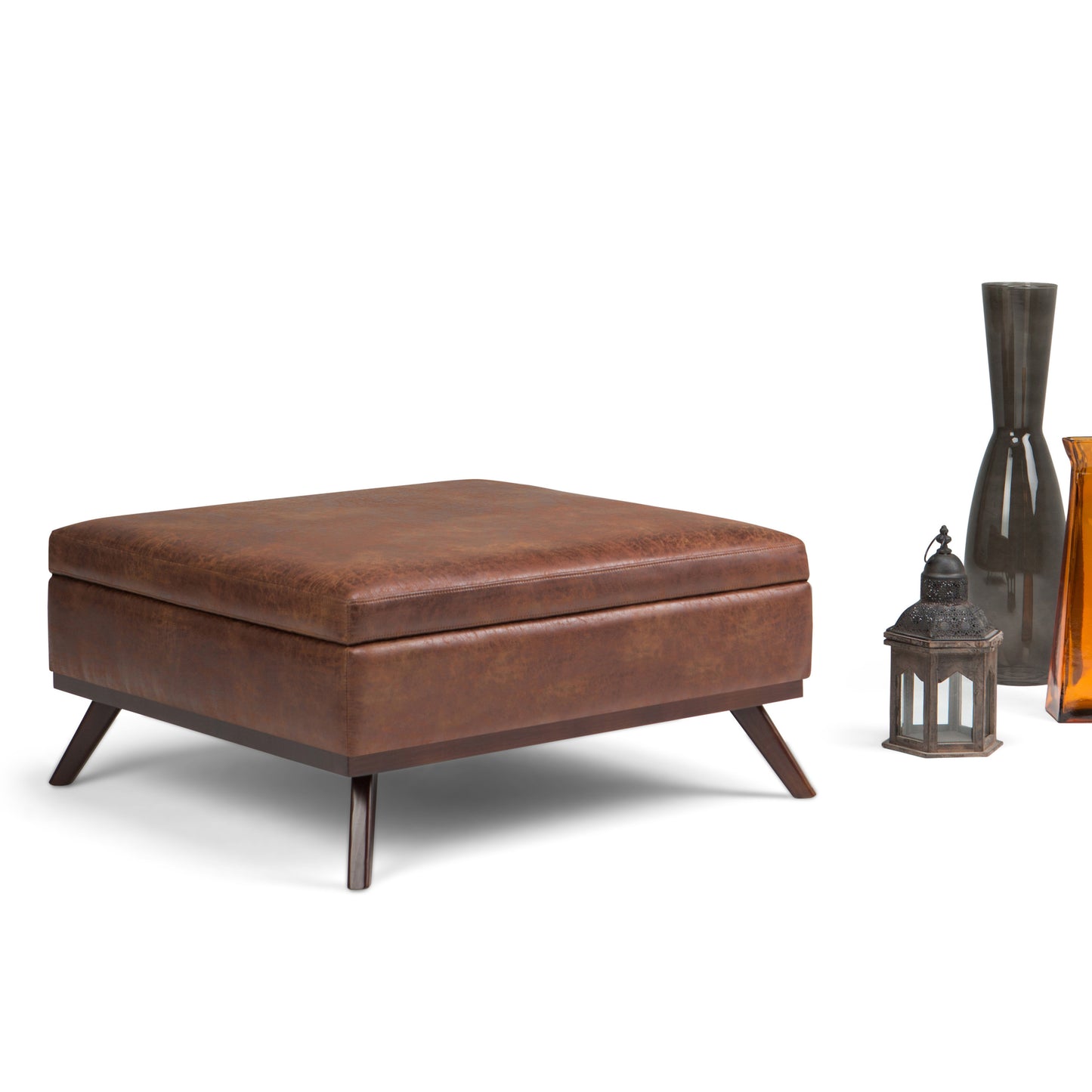 Owen - Square Coffee Table Storage Ottoman - Distressed Saddle Brown