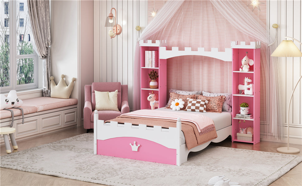 Castle-Shaped Wooden Bed with Storage Shelf, Dreamy Twin Size Platform Bed for Kids Bedroom, Pink+ White(Expected Arrival Time:8.14)