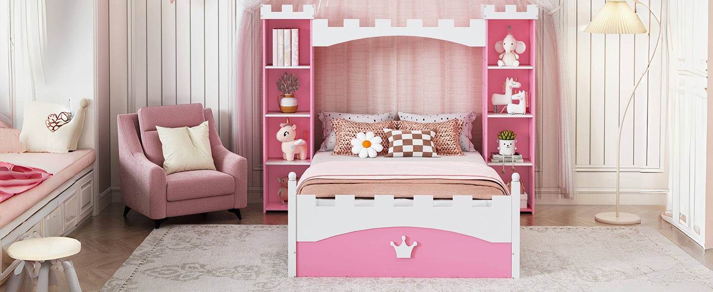 Castle-Shaped Wooden Bed with Storage Shelf, Dreamy Twin Size Platform Bed for Kids Bedroom, Pink+ White(Expected Arrival Time:8.14)
