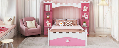 Castle-Shaped Wooden Bed with Storage Shelf, Dreamy Twin Size Platform Bed for Kids Bedroom, Pink+ White(Expected Arrival Time:8.14)