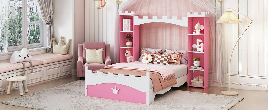 Castle-Shaped Wooden Bed with Storage Shelf, Dreamy Twin Size Platform Bed for Kids Bedroom, Pink+ White(Expected Arrival Time:8.14)
