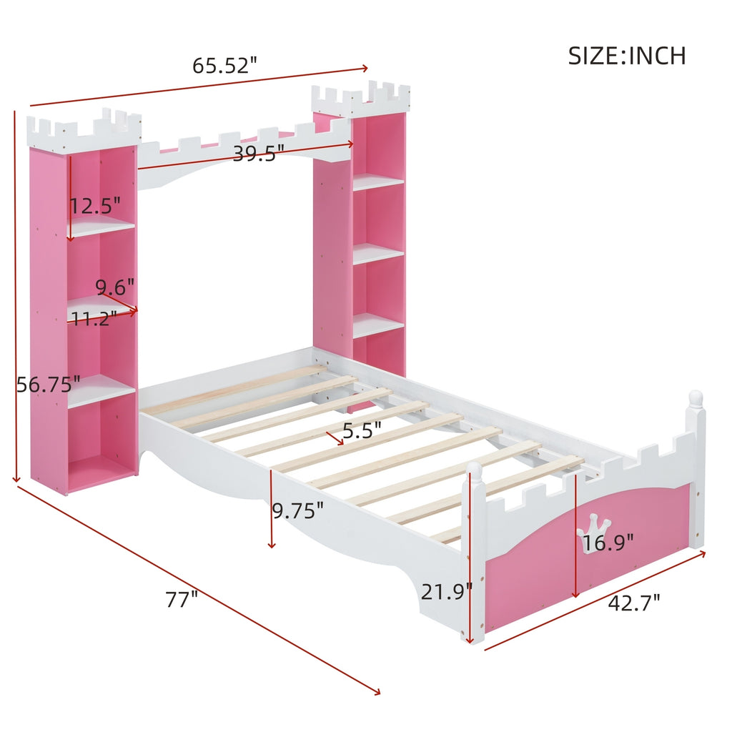 Castle-Shaped Wooden Bed with Storage Shelf, Dreamy Twin Size Platform Bed for Kids Bedroom, Pink+ White(Expected Arrival Time:8.14)
