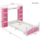 Castle-Shaped Wooden Bed with Storage Shelf, Dreamy Twin Size Platform Bed for Kids Bedroom, Pink+ White(Expected Arrival Time:8.14)