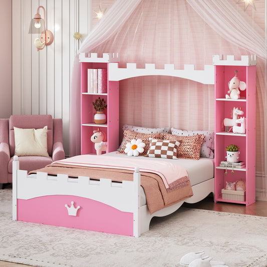 Castle-Shaped Wooden Bed with Storage Shelf, Dreamy Twin Size Platform Bed for Kids Bedroom, Pink+ White(Expected Arrival Time:8.14)