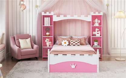 Castle-Shaped Wooden Bed with Storage Shelf, Dreamy Twin Size Platform Bed for Kids Bedroom, Pink+ White(Expected Arrival Time:8.14)