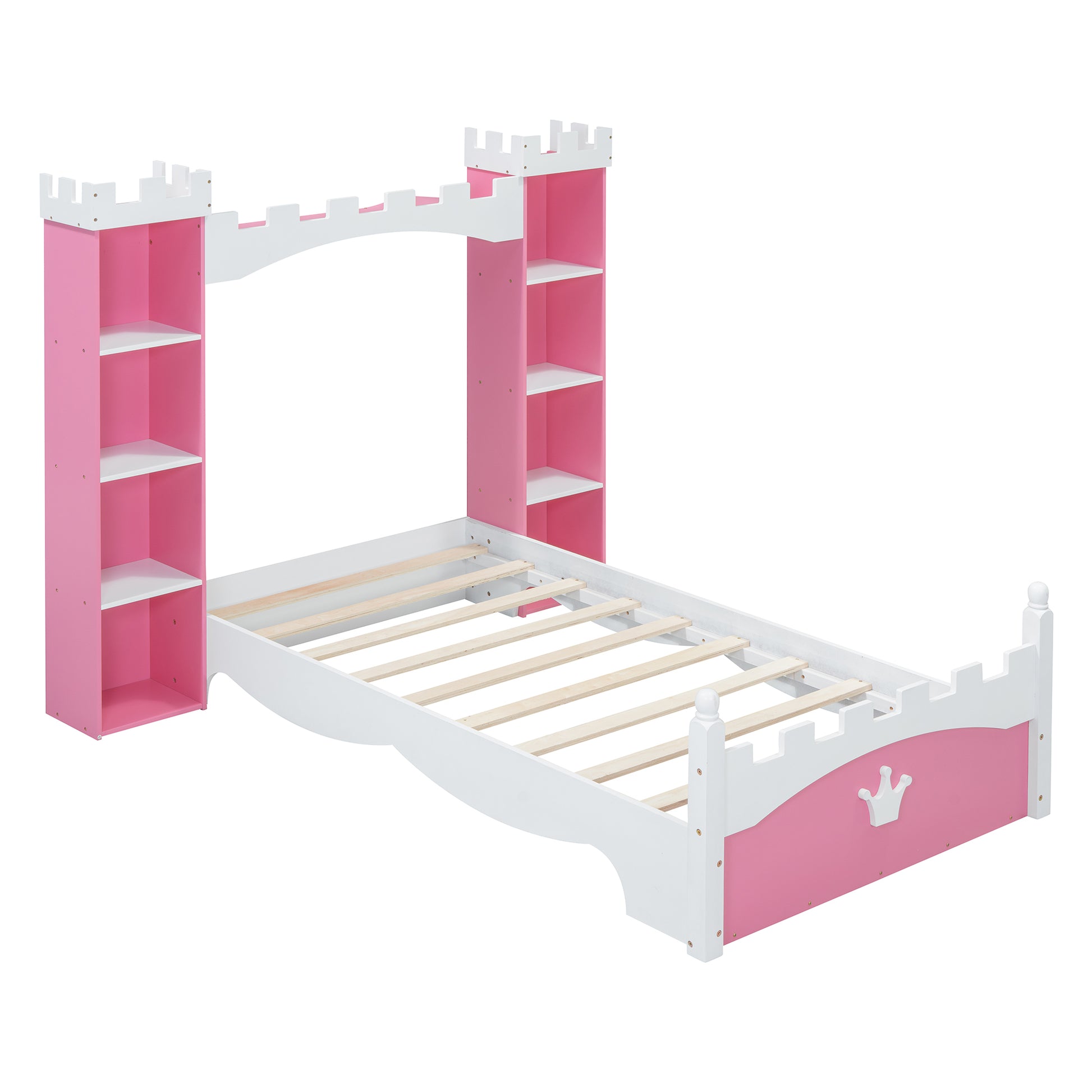 Castle-Shaped Wooden Bed with Storage Shelf, Dreamy Twin Size Platform Bed for Kids Bedroom, Pink+ White(Expected Arrival Time:8.14)