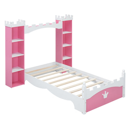 Castle-Shaped Wooden Bed with Storage Shelf, Dreamy Twin Size Platform Bed for Kids Bedroom, Pink+ White(Expected Arrival Time:8.14)