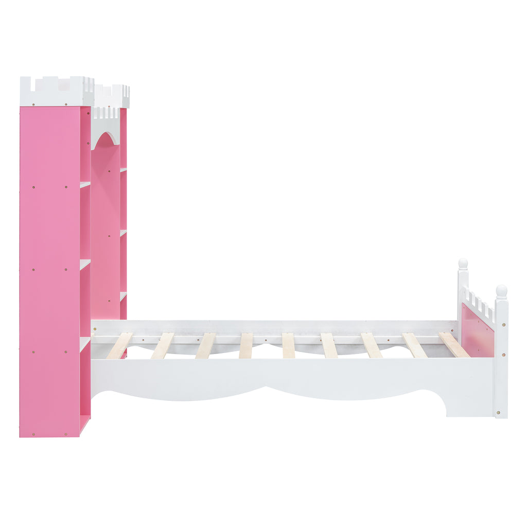 Castle-Shaped Wooden Bed with Storage Shelf, Dreamy Twin Size Platform Bed for Kids Bedroom, Pink+ White(Expected Arrival Time:8.14)