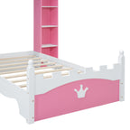 Castle-Shaped Wooden Bed with Storage Shelf, Dreamy Twin Size Platform Bed for Kids Bedroom, Pink+ White(Expected Arrival Time:8.14)