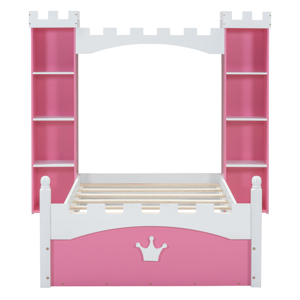 Castle-Shaped Wooden Bed with Storage Shelf, Dreamy Twin Size Platform Bed for Kids Bedroom, Pink+ White(Expected Arrival Time:8.14)