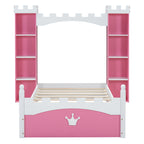 Castle-Shaped Wooden Bed with Storage Shelf, Dreamy Twin Size Platform Bed for Kids Bedroom, Pink+ White(Expected Arrival Time:8.14)