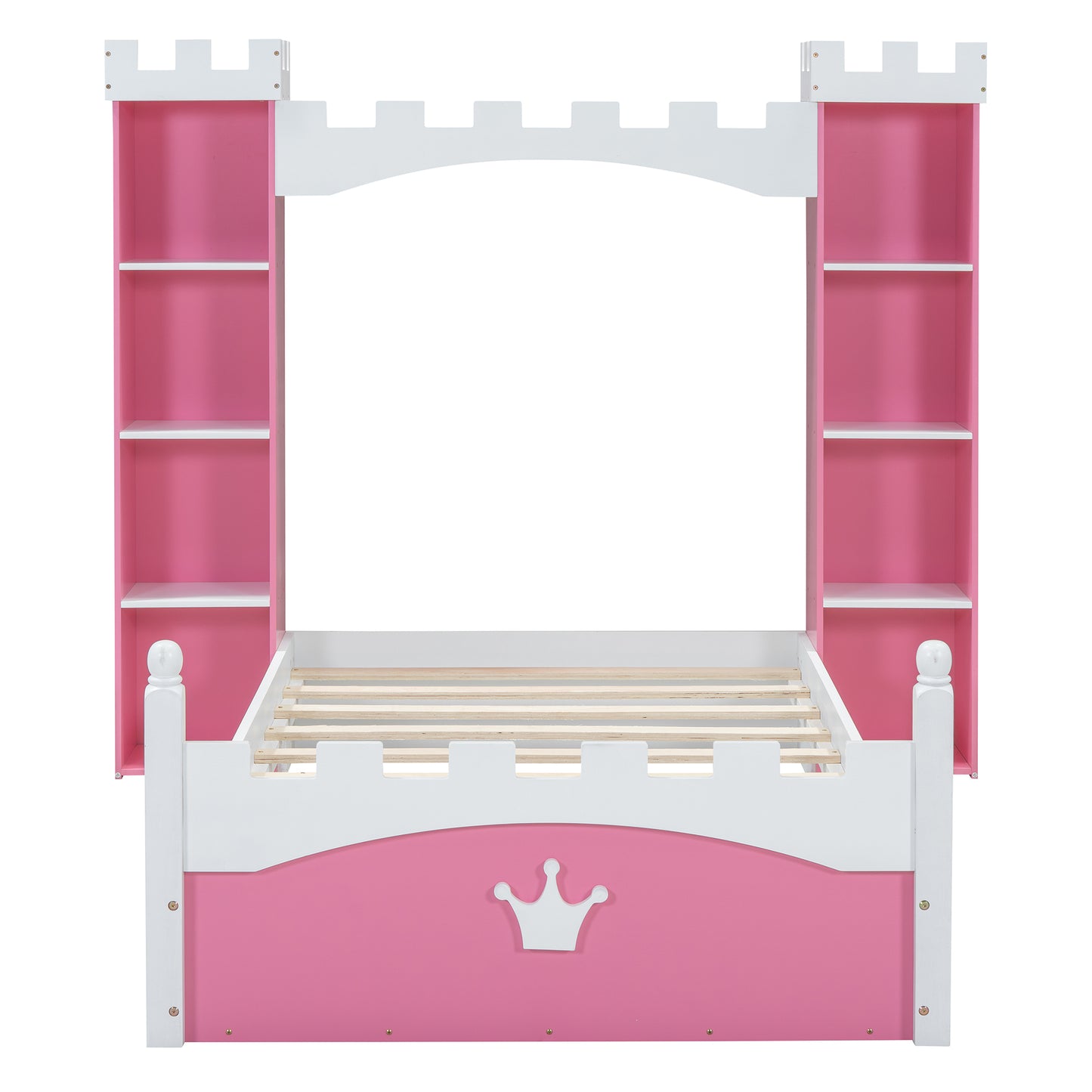 Castle-Shaped Wooden Bed with Storage Shelf, Dreamy Twin Size Platform Bed for Kids Bedroom, Pink+ White(Expected Arrival Time:8.14)