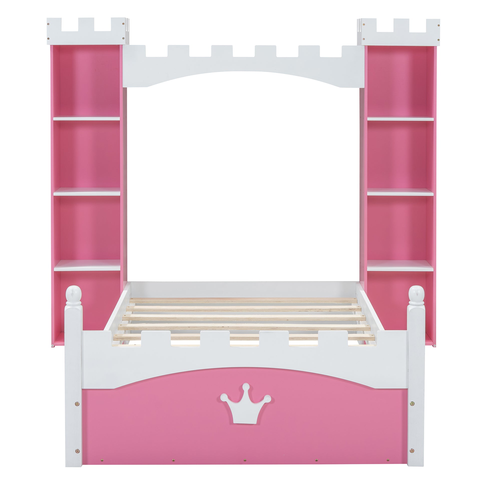 Castle-Shaped Wooden Bed with Storage Shelf, Dreamy Twin Size Platform Bed for Kids Bedroom, Pink+ White(Expected Arrival Time:8.14)